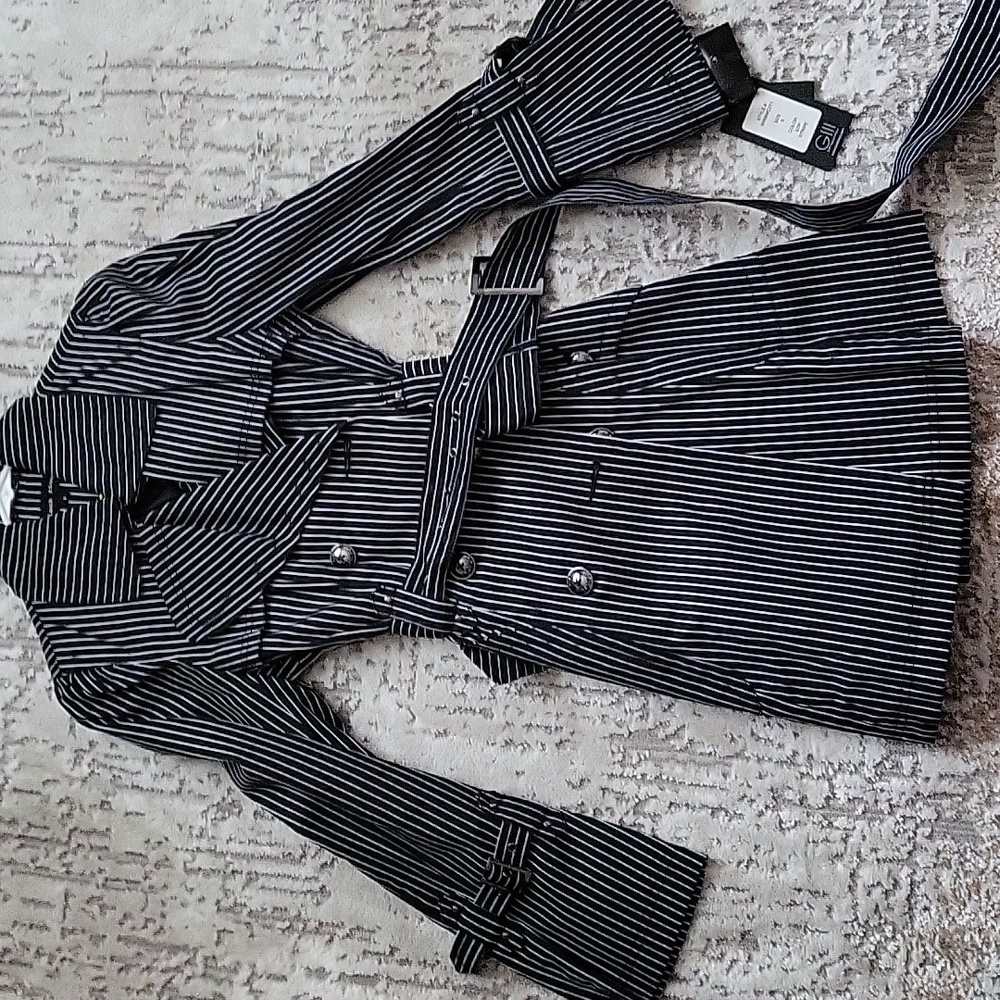 Black and white striped trench coat